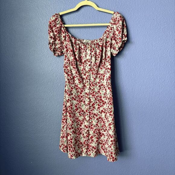 Women Bailey Blue Mini Dress Smocked Bodice White Red Orange Floral Cottagecore - Picture 1 of 8